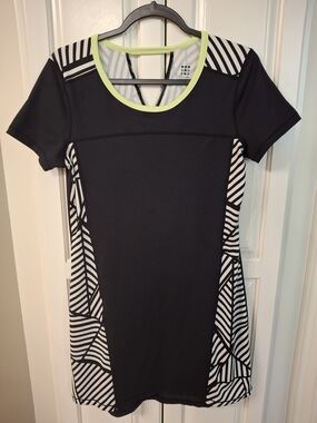 Black & White Patterned Short Sleeve Dress with Lime